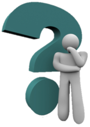 Graphic of 3D small figure in thinking pose before a large teal question mark