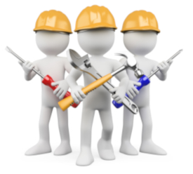 Cartoon image of three service techs with tools
