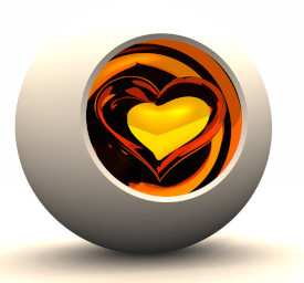 Graphic design of a gold heart inside a red heart outline, nestled in a safe, enclosed white shell