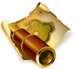 Detailed illustration of an old-style map with ragged, curled edges and with a brown-and-brass spyglass lying on one edge.
