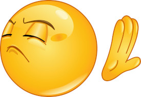 Emoji with scowling face, downturned mouth, mostly-closed eyes, and a hand raised in the "stop" position.