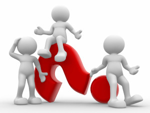 Graphic of three cartoon people in poses of confusion, standing and sitting on a sideways red question mark. 