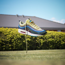 Photo of a blue and yellow running shoe suspended in midair over a photo of a field, hedge, and rooftop.