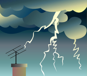 Cartoon image of lighting striking from the clouds and hitting an old-fashioned antenna on a chimney.