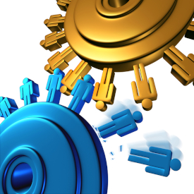 Graphic of gold and blue gears, with the gear notches shown as people and some of them flying off.
