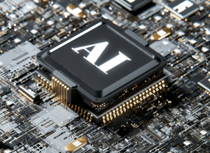 Photo, primarily grayscale, of a computer board with a large chip in the middle with AI in white letters on it.