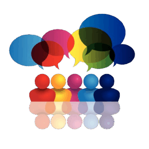 Multi-colored cartoon image representing people and speech bubbles