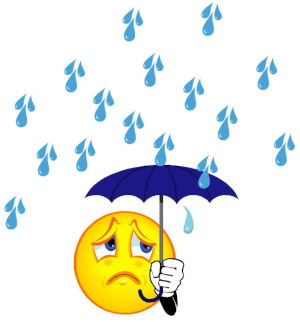 Cartoon of a sad face holding a blue umbrella with raindrops falling.