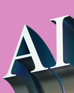Graphic of capital letters AI in white and dark blue on a pink background.