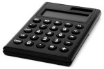 A photo of a black calculator on a white background